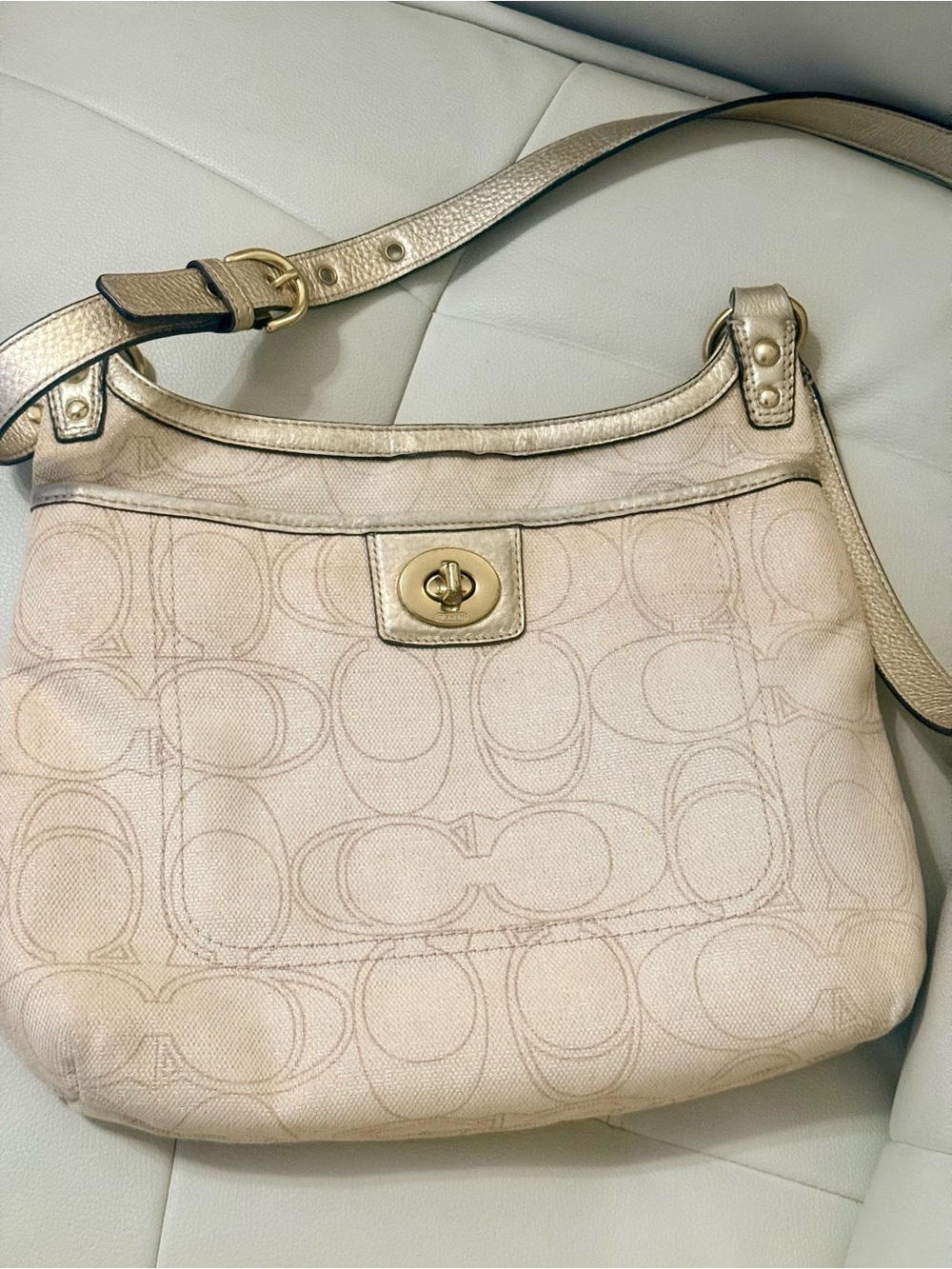 Coach Beige and gold Penelope Signature-logo Shoulder Bag with Gold Hardware